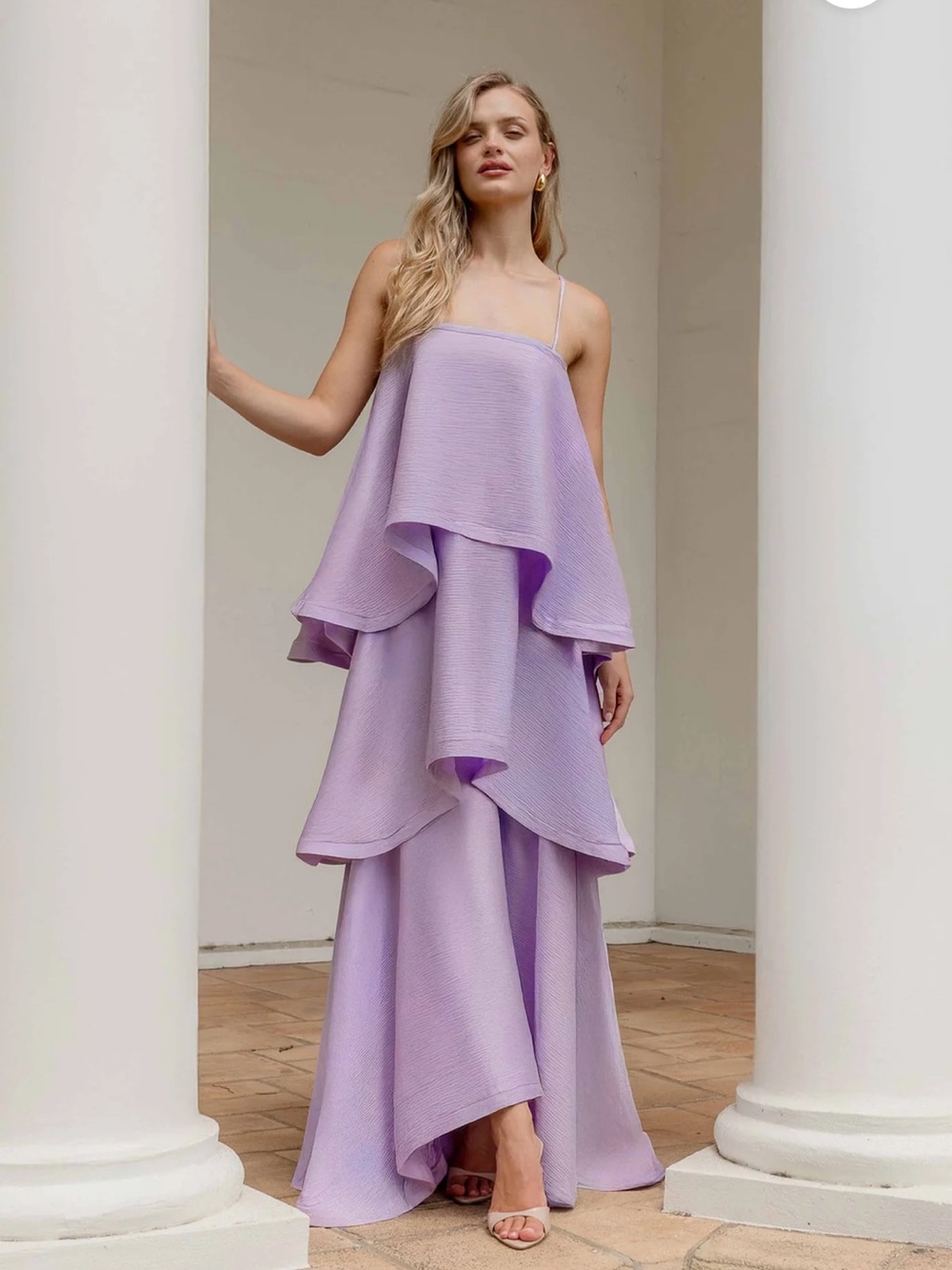 elliatt tilly purple satin tiered oversized ruffle flared maxi gown dress XXS